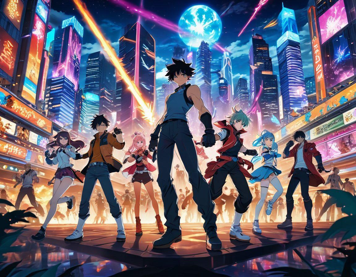 A colorful and energetic scene featuring diverse anime characters engaged in various thrilling game challenges. A dynamic mix of fantasy landscapes and high-tech cityscapes in the background, with characters showcasing iconic game actions. Vivid expressions and action-packed poses, with gaming elements like power-ups, epic battles, and magical items. vibrant colors. anime style.