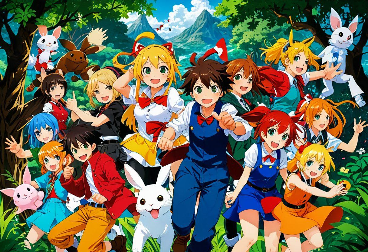 A colorful and lively collage of characters from popular happy anime games, showcasing scenes of joyful adventures and exciting gameplay elements. Include vibrant environments, cheerful expressions, and dynamic action sequences. Characters should be engaging in various fun activities, highlighting the diversity of gameplay. anime-style art. vibrant colors. white background.